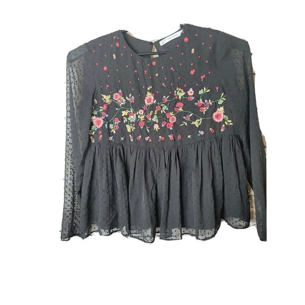 Zara Trafaluc Embroidered Babydoll Swiss Dot Women's Black Shirt Size Medium t33